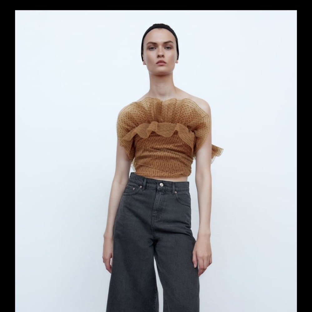Zara Brown Ruffled Crop Top - Picture 6 of 12